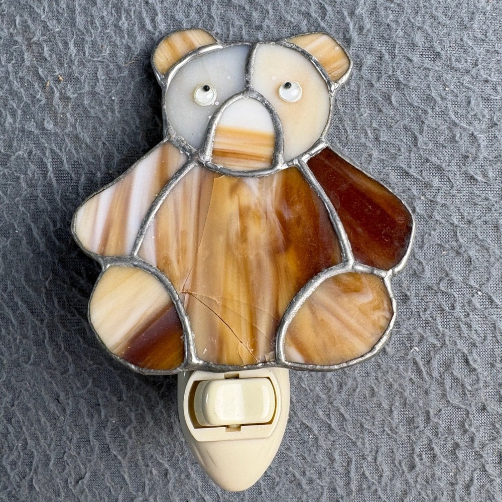 Vintage Stained Glass Teddy Bear Night Light Amber Slag Glass Eagle Plug-In